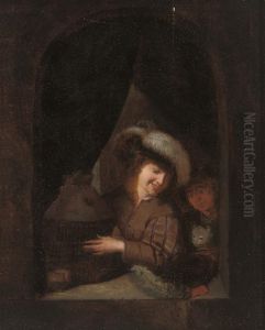 Two Boys With A Cat And Birdcage At A Casement Two Boys With A Cat And Birdcage At A Casement