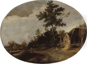A Wooded Landscape With A Sportsman On A Path And Figuresconversing By A Farm by Joost de Volder