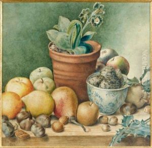 Nature Morte Aux Fruits Et Pot De Primeveres