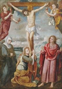 Kreuzigung Christi Auf Dem Berg Golgatha, Im Hintergrund Weite Landschaft Mit Der Darstellung Jerusalems