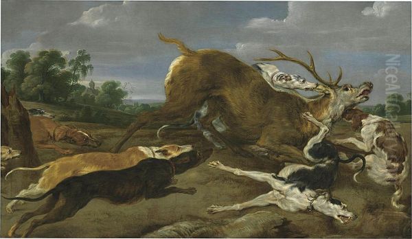 Dogs Bringing Down A Stag - view 1