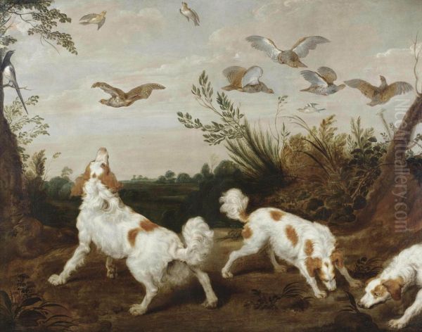 And Studio Three Springer Spaniels On The Hunt For Partridges - view 1