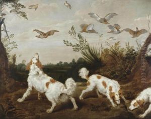 And Studio Three Springer Spaniels On The Hunt For Partridges by Paul de Vos