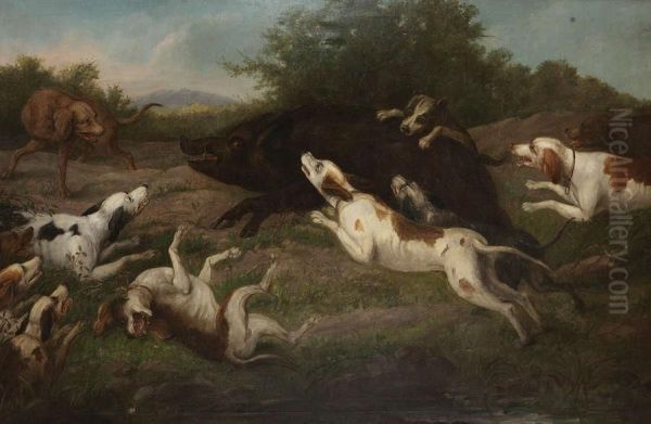 Jachttafereel Met Honden En Everzwijn. - view 1