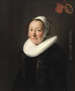 Portrait Of An Elegant Lady, Half-lenght, Said To Be Erminia Vanberesteyn , In A Black Dress With Fur Jacket, A'molensteen Kraag' And White Headdress With The Coat Of Arms Of The Gael And Beresteyn Family