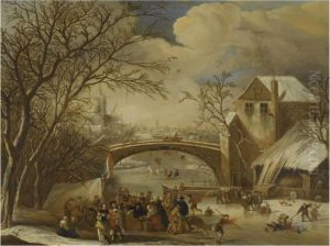 A Winter Scene With Villagers Skating And Conversing On A Frozencanal Outside A Village by Abraham de Vries
