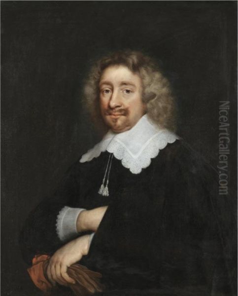 Portrait Of A Man, Half Length, Wearing A Black Tunic With Embroidered Collar And Cuffs, Holding A Pair Of Gloves - view 1