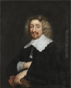 Portrait Of A Man, Half Length, Wearing A Black Tunic With Embroidered Collar And Cuffs, Holding A Pair Of Gloves