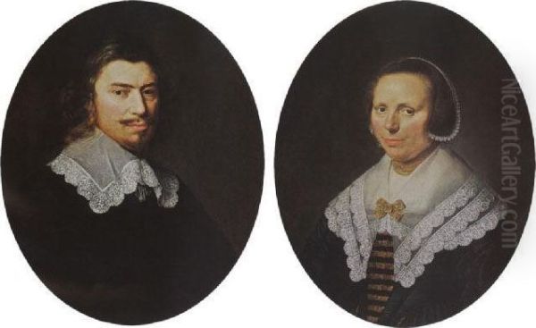 A Portrait Of Simon Elsevier (1621-1679), Bust Length, Wearing A Black Coat With A Lace Collar; A Portrait Of Jenneke De Bosch (1613-after 1668), Bust Length Wearing A Black And Gold Embroidered Dress With A Lace Colar, Gold Necklace And A Lace Cap - view 1