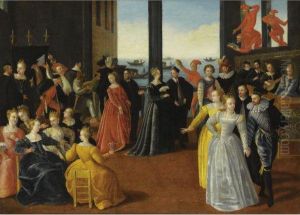 A Venetian Carnival Feast In An Interior With Elegant Figures by Dirck De Vries