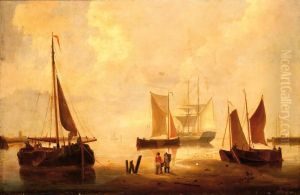 Moored Ships With Several Figures On The Beach by Emanuel De Vries