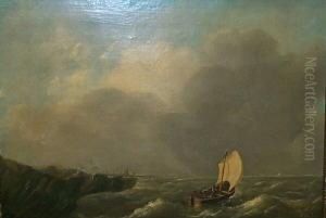 Seestuck. Auf Bewegter See Vor Der Kuste Boot. Signiert De Vries by Emanuel De Vries