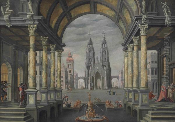 A Capriccio With Elegant Figures In An Arched Colonnade - view 1