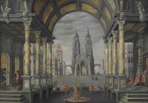 A Capriccio With Elegant Figures In An Arched Colonnade by Hans Vredeman de Vries