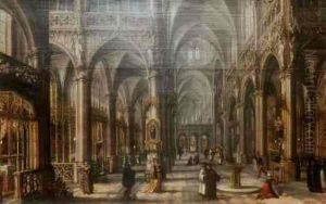 Interior Of A Gothic Cathedral With Figures by Hans Vredeman de Vries