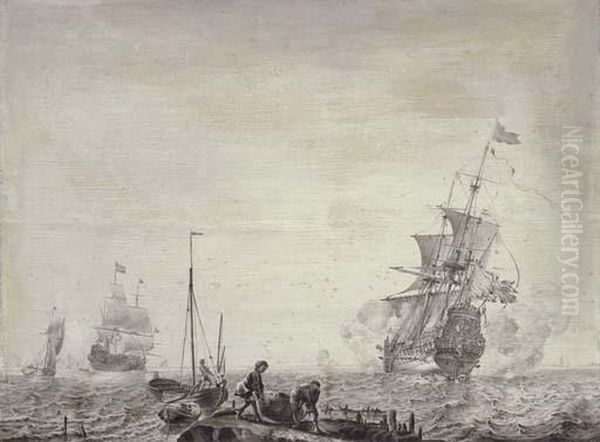 Men-o'-war And Other Vessels In A Stiff Breeze Before A Coast - view 1