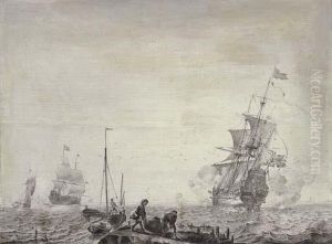 Men-o'-war And Other Vessels In A Stiff Breeze Before A Coast by Olfert De Vrij