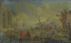 A Coastal Scene With Figures Loading Boats A Coastal Scene With Figures Loading Boats