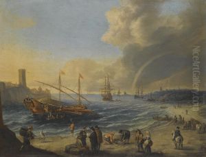 A Mediterranean Harbour Scene With An Ottoman Barge And Other Boats, Figures On The Beach, A Rainbow In The Distance by Cornelis de Wael