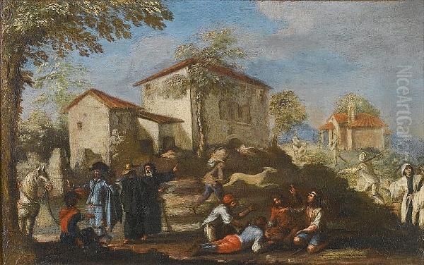 Children Playing, Travellers And Huntsmen In A Village - view 1