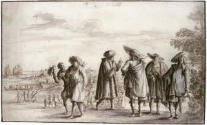 A Group Of Merchants, With A Coastal Landscape Behind