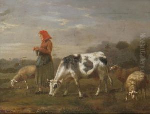 Farmer""s Wife With Cow And Sheep by Arthur De Waerhert