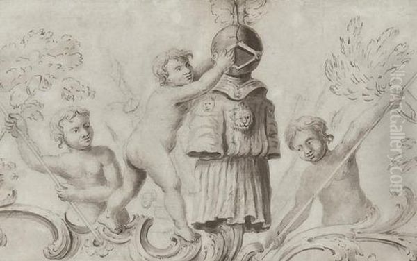 3 Putti With Helmet And Chivalric Costume Adorned With A Lions Head - view 1
