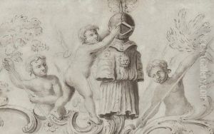 3 Putti With Helmet And Chivalric Costume Adorned With A Lions Head