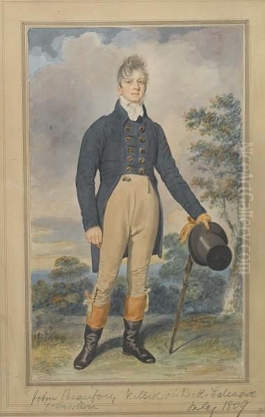 John Beaufort, Wearing Double-breasted Bluecoat With Brass Buttons, Tied White Stock, Buff Trousers Withbuttons Below The Knee And Two Seals At The Waist, Black Boots Withbrown Tops, Holding A Cane, Glove And Black Top Hat In His Lefthand, Standing In Woo - view 1