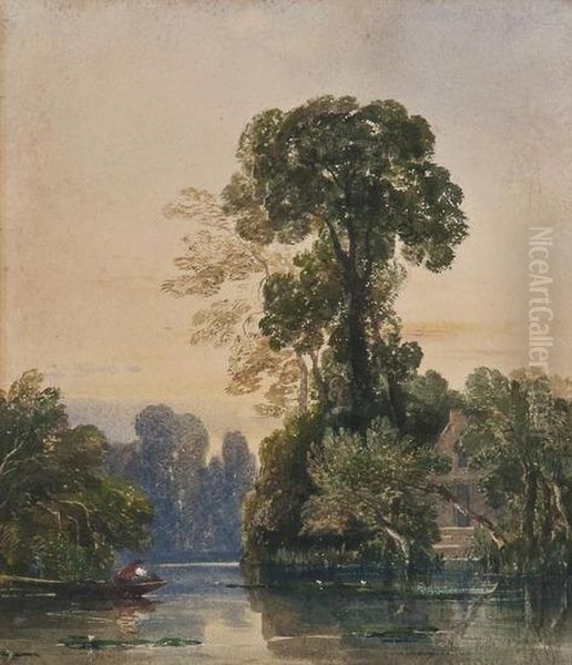 River Scene With Cottage And Fishing Punt - view 1