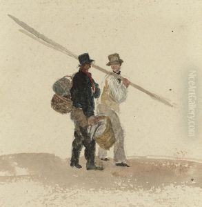 Fishermen Carrying Oars And Lobster Pots With Inscription by Peter de Wint