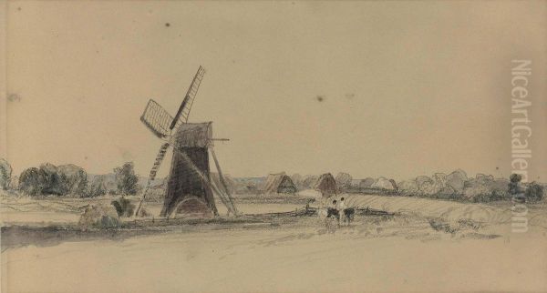 Figures Beside A Windmill, A Village Beyond - view 1