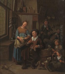 A Tavern Interior, With Boors Smoking And Drinking, And A Girl Witha Dog