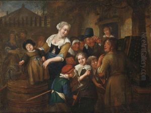 Figures And Children Gathered Around A Travelling Sideshow