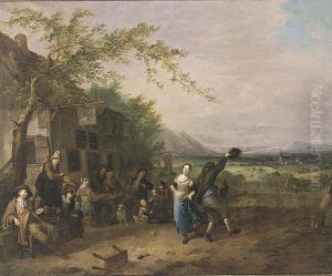A Couple Dancing, Other Figures Watching And Sitting Outside An Inn by Gillis de Winter
