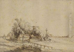 Figures Outside An Inn, Farm Buildings And The Pole Of A Dovecote,outside Amsterdam