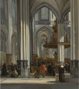 The Interior Of The Oude Kerk, Amsterdam With A Sermon Inprogress by Emanuel de Witte