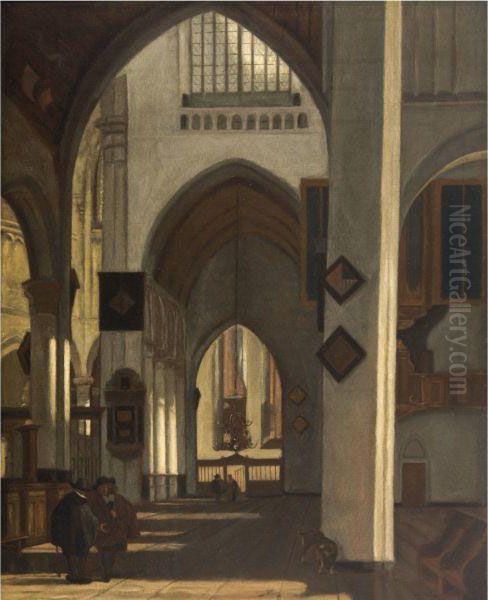 Male Figures And A Dog In A Side Aisle Of A Protestant Gothicchurch - view 1