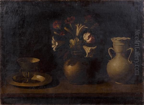 Nature Morte Au Bouquet De Fleurs Et Aux Pots De Gres Sur Un Entablement - view 1