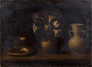 Nature Morte Au Bouquet De Fleurs Et Aux Pots De Gres Sur Un Entablement by Francisco De Zurbaran