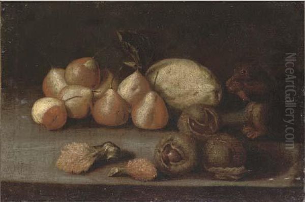 A Squirrel, Pears, A Melon, Lychees And Chestnuts On A Ledge - view 1