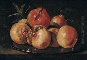 Still Life Of Pomegranates Upon A Pewter Dish