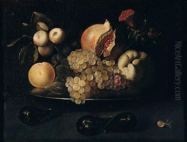 Still Life Of Grapes, Pomegranates, Apples, Peaches, Plums And Figs, On A Silver Dish, Together With Figs And A White Grape Arranged Upon A Table Top - view 1