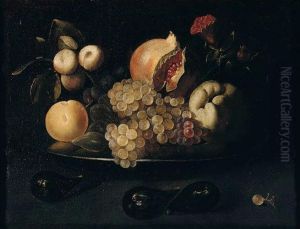 Still Life Of Grapes, Pomegranates, Apples, Peaches, Plums And Figs, On A Silver Dish, Together With Figs And A White Grape Arranged Upon A Table Top by Juan de Zurbaran