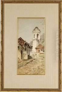 Figure Walking Through Aeuropean Village Scene by Edwin Deakin