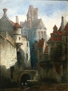 Women Doing Laundry With A Cathedral In The Background by Edwin Deakin