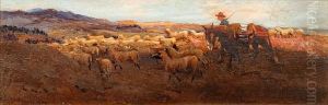 Drover With Mule And Sheep In An Extensive Landscape by Frank Dean