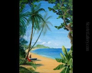Caribbean Beach Scene And A Tropical Colonial House And Garden by William Wood Deane