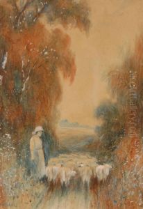 Shepherdand Sheep On A Country Lane by William Wood Deane