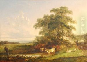 Cattle By A Stream With An Extensive Landscape Beyond by John Dearman Birchall
